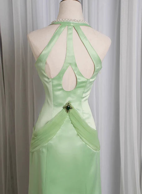 Weitese Dress Retro Light Green Water Drop Beaded Deep V Backless Mermaid Satin Prom Dress